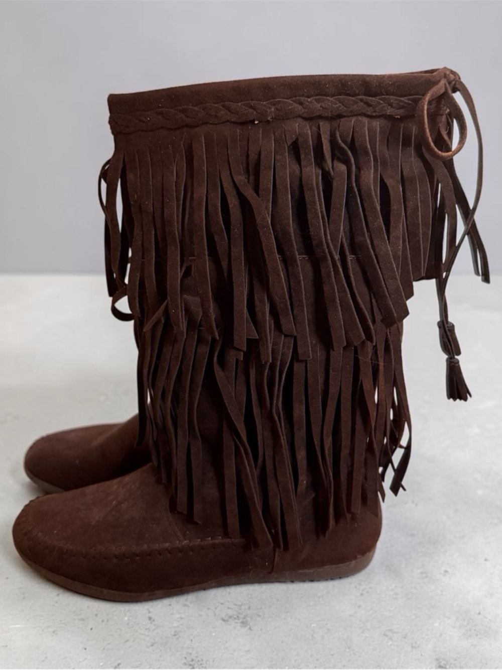 Rampage chocolate Brown Suede Fringe Moccasin Boots size 8.5